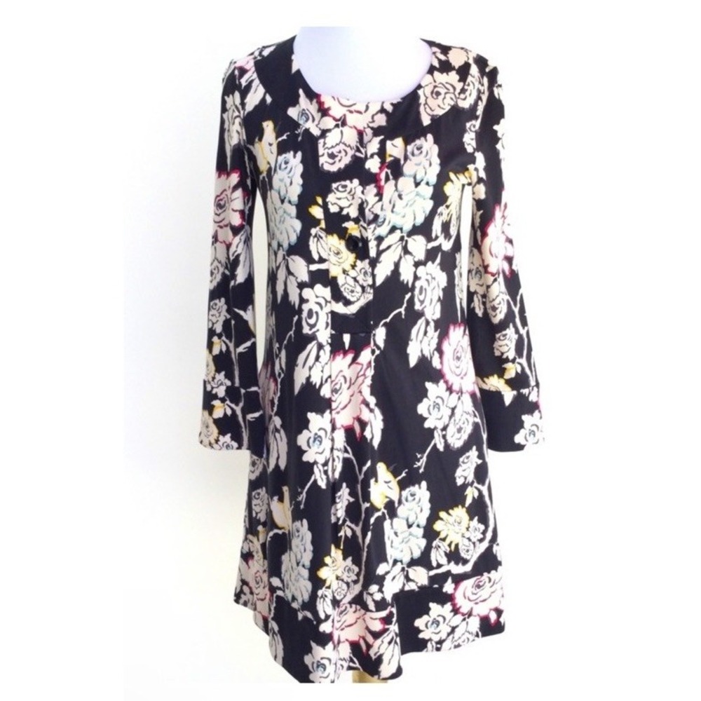 Diane von Furstenberg DVF Aggie Dress 10 100% Silk Floral Bird Black Shift Mod